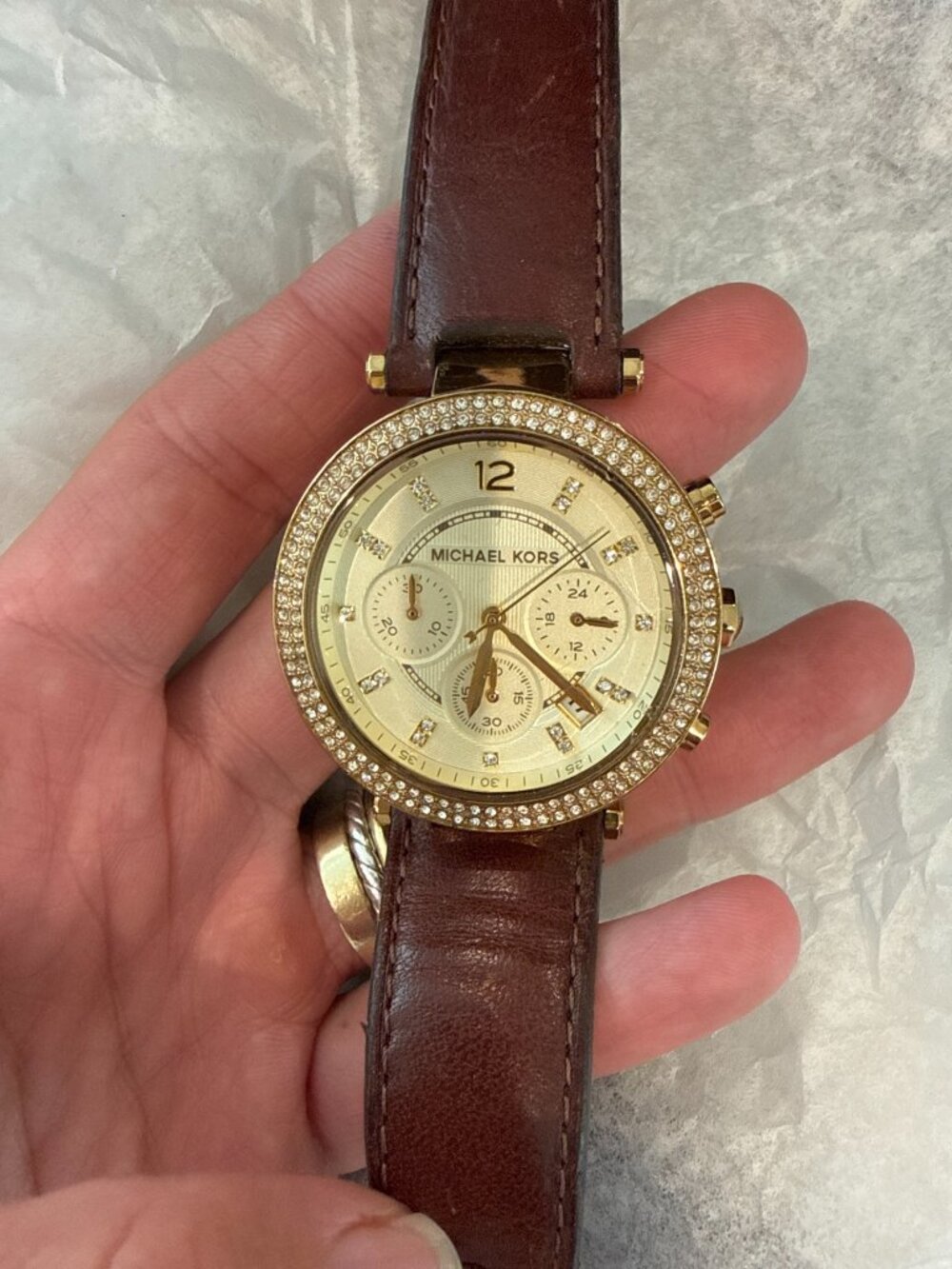 Michael Kors Parker Chronograph Watch MK-2249 Gold Crystal Brown Leather